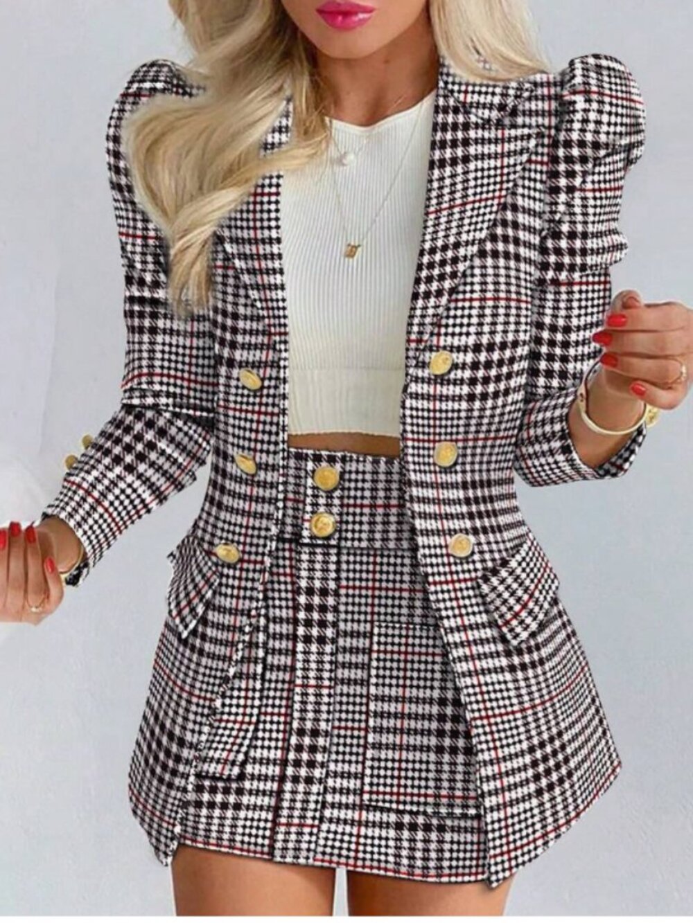 NWT Women's Autumn Printed Long-Sleeve Blazer Suit Set with Bandeau Top